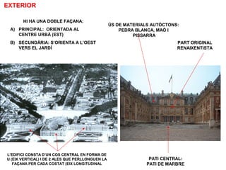 HI HA UNA DOBLE FAÇANA:
A) PRINCIPAL: ORIENTADA AL
CENTRE URBÀ (EST)
B) SECUNDÀRIA: S’ORIENTA A L’OEST
VERS EL JARDÍ
EXTERIOR
PART ORIGINAL
RENAIXENTISTA
ÚS DE MATERIALS AUTÒCTONS:
PEDRA BLANCA, MAÓ I
PISSARRA
PATI CENTRAL:
PATI DE MARBRE
L’EDIFICI CONSTA D’UN COS CENTRAL EN FORMA DE
U (EIX VERTICAL) I DE 2 ALES QUE PERLLONGUEN LA
FAÇANA PER CADA COSTAT (EIX LONGITUDINAL
 