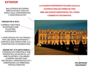 LA FAÇANA D’INSPIRACIÓ ITALIANA (clàssica)
S’ESTRUCTURA EN FORMA DE FRIS
AMB UNA DIVISIÓ HORITZONTAL DE 3 PISOS
I SOBRIETAT DECORATIVA
PIS INFERIOR
ENCOIXINAT
SEGON PIS O PLANTA NOBLE:
S’ORDENA EN FINESTRALS QUE
PRESENTEN UN INTERCAL·LAT
AMB PILASTRES I COLUMNES
D’ORDRE GEGANTÍ QUE
REFORCEN L’HORITZONTALITAT I
EMMARQUEN LES IMMENSES
PORTES-FINESTRA
TERCER PIS O ÀTIC:
COMBINA FINESTRES
QUADRADES AMB
PILASTRES
ADOSSADES
BALUSTRADA DECORADA
AMB ESTÀTUES I ESCUTS
REIALS QUE CONTRARESTEN
L’HORITZONTALITAT
L’HORITZONTALITAT ES TRENCA
PER UNA SÈRIE D’ENTRANTS I
SORTINTS QUE DÓNA RITME A LA
CONSTRUCCIÓ (CLAROBSCURS)
EXTERIOR
 