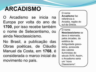 O Arcadismo se inicia na
Europa por volta do ano de
1700, por isso recebe também
o nome de Setecentismo, ou
ainda Neoclassicismo.
No Brasil, a publicação das
Obras poéticas, de Cláudio
Manuel da Costa, em 1768, é
considerada o marco inicial do
movimento no país.
ARCADISMO
O nome
Arcadismo faz
referência à
Arcádia, região do
sul da Grécia.
O nome
Neoclassicismo se
deve à retomada,
pelos árcades, da
estética da
Antiguidade greco-
latina, acrescida
dos valores
iluministas do
século XVIII. Assim,
o Arcadismo seria
um “novo
Classicismo”.
 