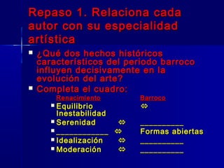 Repaso 1. Relaciona cada
autor con su especialidad
artística
   ¿Qué dos hechos históricos
    característicos del periodo barroco
    influyen decisivamente en la
    evolución del arte?
   Completa el cuadro:
           Renacimiento    Barroco
        Equilibrio        
         Inestabilidad
        Serenidad        __________
        ____________     Formas abiertas
        Idealización     __________
        Moderación       __________
 