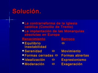 Solución.
    La contrarreforma de la Iglesia
     católica (Concilio de Trento)
    La implantación de las Monarquías
     absolutas en Europa
   Renacimiento            Barroco
    Equilibrio            
     Inestabilidad
    Serenidad            Movimiento
    Formas cerradas  Formas abiertas
    Idealización         Expresionismo
    Moderación           Exageración
 