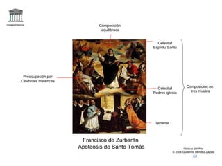 Claseshistoria Historia del Arte © 2006 Guillermo Méndez Zapata Francisco de Zurbarán Apoteosis de Santo Tomás Composición en tres niveles Terrenal Celestial Padres iglesia Celestial Espíritu Santo Composición equilibrada Preocupación por Calidades matéricas 