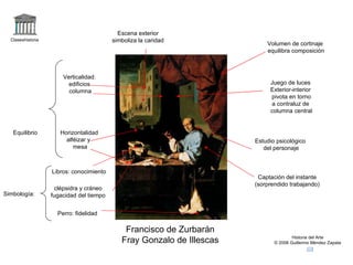 Claseshistoria Historia del Arte © 2006 Guillermo Méndez Zapata Francisco de Zurbarán Fray Gonzalo de Illescas Equilibrio  Horizontalidad alféizar y  mesa Verticalidad: edificios columna Volumen de cortinaje equilibra composición Escena exterior simboliza la caridad  Estudio psicológico del personaje Simbología: Juego de luces Exterior-interior pivota en torno a contraluz de  columna central Libros: conocimiento clépsidra y cráneo fugacidad del tiempo Perro: fidelidad Captación del instante (sorprendido trabajando) 