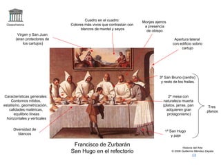 Claseshistoria Historia del Arte © 2006 Guillermo Méndez Zapata Francisco de Zurbarán San Hugo en el refectorio Tres planos 1º San Hugo y paje 2º mesa con naturaleza muerta (platos, jarras, pan adquieren gran protagonismo) 3º San Bruno (centro)  y resto de los frailes. Cuadro en el cuadro: Colores más vivos que contrastan con blancos de mantel y sayos Apertura lateral con edificio sobrio cartujo Características generales: Contornos nítidos, estatismo, geometrización,  calidades matéricas, equilibrio líneas horizontales y verticales Virgen y San Juan (eran protectores de los cartujos) Diversidad de blancos Monjes ajenos a presencia de obispo 