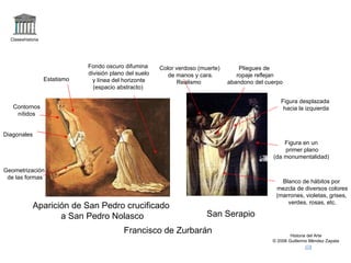 Claseshistoria Historia del Arte © 2006 Guillermo Méndez Zapata Aparición de San Pedro crucificado a San Pedro Nolasco San Serapio Francisco de Zurbarán Blanco de hábitos por mezcla de diversos colores (marrones, violetas, grises, verdes, rosas, etc. Color verdoso (muerte) de manos y cara. Realismo  Pliegues de ropaje reflejan abandono del cuerpo Figura desplazada hacia la izquierda Figura en un primer plano (da monumentalidad) Fondo oscuro difumina división plano del suelo y línea del horizonte (espacio abstracto) Diagonales Contornos nítidos Estatismo Geometrización de las formas 