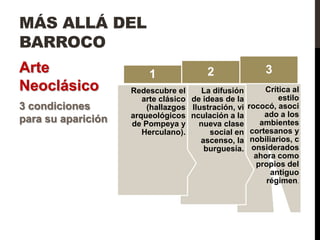 MÁS ALLÁ DEL
BARROCO
Arte                    1               2                 3
Neoclásico          Redescubre el      La difusión        Crítica al
                       arte clásico de ideas de la            estilo
3 condiciones           (hallazgos Ilustración, vi   rococó, asoci
                    arqueológicos nculación a la          ado a los
para su aparición   de Pompeya y      nueva clase       ambientes
                       Herculano).       social en    cortesanos y
                                      ascenso, la     nobiliarios, c
                                       burguesía.     onsiderados
                                                       ahora como
                                                       propios del
                                                            antiguo
                                                          régimen.
 