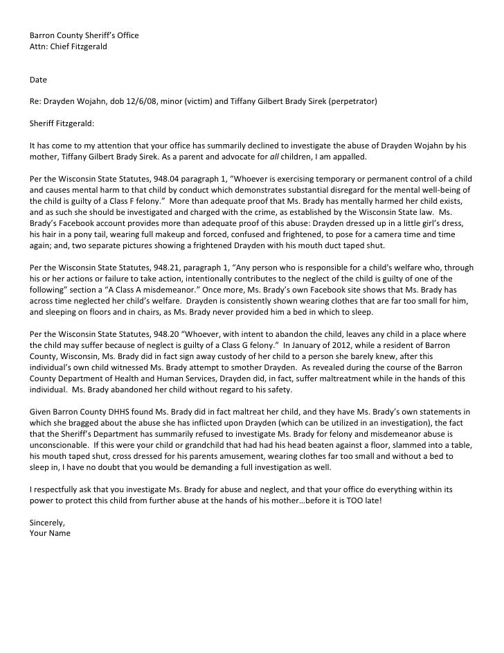barron county sheriff sample letter child custody sample letter