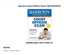 Barron's Court Officer Exam TOP RATED#3
DONWLOAD LAST PAGE !!!!
DETAIL
Updated to reflect recent exams given in various parts of the country, Barron’s Court Officer Exam provides solid test preparation for applicants taking federal, state, and local court officer exams. This edition features:Test-taking tips and a diagnostic testFour model exams typical of those currently being administered throughout the countryAnswers to all test questions and self-diagnostic proceduresInformation on current trends in court systems to rely on oral interviews and computerized testing in the process of selecting court officers. The authors advise on ways to attain a high score in both areas.
Author : Donald Schroederq
 