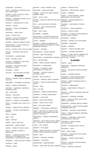 recapitulate :: summarize
recast :: reconstruct (a sentence, story,
etc.); fashion again
receptive :: quick or willing to receive
ideas, suggestions, etc
recession :: withdrawal; retreat; time of
low economic activity
recidivism :: habitual return to crime
recipient :: receiver
reciprocal :: mutual; exchangeable;
interacting
reciprocate :: repay in kind
recluse :: hermit; loner
reconcile :: correct inconsistencies;
become friendly after a quarrel
recondite :: abstruse; profound; secret
reconnaissance :: survey of enemy by
soldiers; reconnoitering
recount :: narrate or tell; count over again
recourse :: resorting to help when in
trouble
recrimination :: countercharges
rectify :: set right; correct
rectitude :: uprightness; moral virtue;
correctness of judgment
recumbent :: reclining; lying down
completely or in part
recuperate :: recover
recurrent :: occurring again and again
40 wordlist
redolent :: fragrant; odorous; suggestive
of an odor
redoubtable :: formidable; causing fear
redress :: remedy; compensation
redundant :: superfluous; repetitious;
excessively wordy
reek :: emit (odor)
refectory :: dining hall
refraction :: bending of a ray of light
refractory :: stubborn; unmanageable
refrain :: (v) abstain from; resist *(n->)
chorus *
refulgent :: brightly shining; gleaming
refurbish :: renovate; make bright by
polishing
refute :: disprove
regal :: royal
regale :: entertain
regatta :: boat or yacht race
regeneration :: spiritual rebirth
regicide :: murder of a king or queen
regime :: method or system of
government
regimen :: a regulated system of diet,
exercise, etc. for therapy or the
maintenance or improvement of health
rehabilitate :: restore to proper condition
reimburse :: repay
reiterate :: repeat
rejoinder :: retort; comeback; reply
rejuvenate :: make young again
relegate :: banish to an inferior position;
delegate; assign
relent :: give in; yield
relevant :: pertinent; referring to the case
in hand
relic :: surviving remnant; memento
relinquish :: give up something with
reluctance yield
relish :: savor; enjoy
remediable :: reparable
reminiscence :: recollection; account of
things remembered, esp. in literary form
remiss :: negligent
remission :: temporary moderation of
disease symptoms; cancellation of a debt;
forgiveness or pardon
remnant :: remainder
remonstrance :: protest; objection
remorse :: guilt; self-reproach
remunerative :: compensating; rewarding
rend :: split tear apart
render :: deliver; provide; represent
rendezvous :: meeting place
rendition :: translation; artistic
interpretation of a song, etc.
renegade :: deserter of party or
principles; traitor
renege :: deny; go back on
renounce :: abandon; disown; repudiate
renovate :: restore to good condition;
renew
renown :: fame
rent :: rip; split
reparable :: capable of being repaired
reparation :: amends; compensation
repartee :: clever reply
repast :: meal; feast; banquet
repeal :: revoke; annul; cancel
repel :: drive away; disgust
repellent :: driving away; unattractive
repent :: feel sorrow or regret for what
one has done or left undone; think with
regret or contrition of
repercussion :: rebound; reverberation;
reaction
repertoire :: list of works of music, drama,
etc., a performer is prepared to present
repine :: fret; complain
replenish :: fill up again
replete :: filled to the brim or to the point
of being stuffed; abundantly supplied
replica :: copy
replicate :: reproduce; duplicate
repository :: storehouse
reprehensible :: deserving blame
repress :: keep under; put down; suppress
reprieve :: temporary stay
reprimand :: official rebuke; reprove
reprisal :: retaliation
reprise :: musical repetition; repeat
performance; recurrent action
reproach :: express disapproval or
disappointment
reprobate :: unprincipled or immoral
person
reprobation :: severe disapproval
reprove :: censure; rebuke
repudiate :: to refuse to have anything to
do with; disown; disavow
repugnance :: loathing
repulsion :: distaste; act of driving back
reputable :: respectable
reputed :: supposed
Requiem :: mass for the dead; dirge
requisite :: necessary requirement
requite :: to make return or repayment for
(a benefit, service, etc., or an injury,
wrong, etc.); revenge
41 wordlist
rescind :: cancel
resentment :: indignation; bitterness;
displeasure
reserve :: self-control; formal but distant
manner
residue :: remainder; balance
resignation :: patient submissiveness;
statement that one is quitting a job
resilient :: elastic; having the power of
springing back
resolution :: determination
resolve :: determination; firmness of
purpose
resonant :: echoing; resounding; deep and
full in sound
respiration :: breathing; exhalation
respite :: interval of relief; time for rest;
delay in punishment
resplendent :: dazzling; glorious; brilliant
responsiveness :: state of reacting readily
to appeals, orders, etc.
restitution :: reparation; indemnification
restive :: restlessly impatient; obstinately
resisting control
restraint :: moderation or self-control;
controlling force; restriction
resumption :: taking up again;
recommencement
resurge :: rise again; flow to and fro
resuscitate :: revive
retain :: keep; employ
retaliation :: repayment in kind (usually
for bad treatment)
retentive :: holding; having a good
memory
reticent :: reserved; uncommunicative;
inclined to silence
retinue :: following; attendants
 