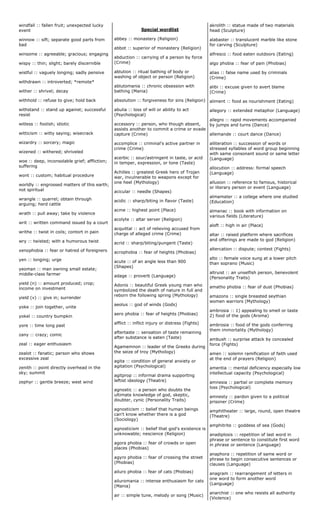 windfall :: fallen fruit; unexpected lucky
event
winnow :: sift; separate good parts from
bad
winsome :: agreeable; gracious; engaging
wispy :: thin; slight; barely discernible
wistful :: vaguely longing; sadly pensive
withdrawn :: introverted; *remote*
wither :: shrivel; decay
withhold :: refuse to give; hold back
withstand :: stand up against; successful
resist
witless :: foolish; idiotic
witticism :: witty saying; wisecrack
wizardry :: sorcery; magic
wizened :: withered; shriveled
woe :: deep, inconsolable grief; affliction;
suffering
wont :: custom; habitual procedure
worldly :: engrossed matters of this earth;
not spiritual
wrangle :: quarrel; obtain through
arguing; herd cattle
wrath :: pull away; take by violence
writ :: written command issued by a court
writhe :: twist in coils; contort in pain
wry :: twisted; with a humorous twist
xenophobia :: fear or hatred of foreigners
yen :: longing; urge
yeoman :: man owning small estate;
middle-class farmer
yield (n) :: amount produced; crop;
income on investment
yield (v) :: give in; surrender
yoke :: join together, unite
yokel :: country bumpkin
yore :: time long past
zany :: crazy; comic
zeal :: eager enthusiasm
zealot :: fanatic; person who shows
excessive zeal
zenith :: point directly overhead in the
sky; summit
zephyr :: gentle breeze; west wind
Special wordlist
abbey :: monastery (Religion)
abbot :: superior of monastery (Religion)
abduction :: carrying of a person by force
(Crime)
ablution :: ritual bathing of body or
washing of object or person (Religion)
ablutomania :: chronic obsession with
bathing (Mania)
absolution :: forgiveness for sins (Religion)
abulia :: loss of will or ability to act
(Psychological)
accessory :: person, who though absent,
assists another to commit a crime or evade
capture (Crime)
accomplice :: criminal's active partner in
crime (Crime)
acerbic :: sour/astringent in taste, or acid
in temper, expression, or tone (Taste)
Achilles :: greatest Greek hero of Trojan
war, invulnerable to weapons except for
one heel (Mythology)
acicular :: needle (Shapes)
acidic :: sharp/biting in flavor (Taste)
acme :: highest point (Place)
acolyte :: altar server (Religion)
acquittal :: act of relieving accused from
charge of alleged crime (Crime)
acrid :: sharp/biting/pungent (Taste)
acrophobia :: fear of heights (Phobias)
acute :: of an angle less than 900
(Shapes)
adage :: proverb (Language)
Adonis :: beautiful Greek young man who
symbolized the death of nature in full and
reborn the following spring (Mythology)
aeolus :: god of winds (Gods)
aero phobia :: fear of heights (Phobias)
afflict :: inflict injury or distress (Fights)
aftertaste :: sensation of taste remaining
after substance is eaten (Taste)
Agamemnon :: leader of the Greeks during
the seize of troy (Mythology)
agita :: condition of general anxiety or
agitation (Psychological)
agitprop :: informal drama supporting
leftist ideology (Theatre)
agnostic :: a person who doubts the
ultimate knowledge of god, skeptic,
doubter, cynic (Personality Traits)
agnosticism :: belief that human beings
can't know whether there is a god
(Sociology)
agnosticism :: belief that god's existence is
unknowable; nescience (Religion)
agora phobia :: fear of crowds or open
places (Phobias)
agyro phobia :: fear of crossing the street
(Phobias)
ailuro phobia :: fear of cats (Phobias)
ailuromania :: intense enthusiasm for cats
(Mania)
air :: simple tune, melody or song (Music)
akrolith :: statue made of two materials
head (Sculpture)
alabaster :: translucent marble like stone
for carving (Sculpture)
alfresco :: food eaten outdoors (Eating)
algo phobia :: fear of pain (Phobias)
alias :: false name used by criminals
(Crime)
alibi :: excuse given to avert blame
(Crime)
aliment :: food as nourishment (Eating)
allegory :: extended metaphor (Language)
allegro :: rapid movements accompanied
by jumps and turns (Dance)
allemande :: court dance (Dance)
alliteration :: succession of words or
stressed syllables of word group beginning
with same consonant sound or same letter
(Language)
allocution :: address: formal speech
(Language)
allusion :: reference to famous, historical
or literary person or event (Language)
almamater :: a college where one studied
(Education)
almanac :: book with information on
various fields (Literature)
aloft :: high in air (Place)
altar :: raised platform where sacrifices
and offerings are made to god (Religion)
altercation :: dispute; contest (Fights)
alto :: female voice sung at a lower pitch
than soprano (Music)
altruist :: an unselfish person, benevolent
(Personality Traits)
amatho phobia :: fear of dust (Phobias)
amazons :: single breasted seythian
women warriors (Mythology)
ambrosia :: 1) appealing to smell or taste
2) food of the gods (Aroma)
ambrosia :: food of the gods conferring
them immortality (Mythology)
ambush :: surprise attack by concealed
force (Fights)
amen :: solemn ramification of faith used
at the end of prayers (Religion)
amentia :: mental deficiency especially low
intellectual capacity (Psychological)
amnesia :: partial or complete memory
loss (Psychological)
amnesty :: pardon given to a political
prisoner (Crime)
amphitheater :: large, round, open theatre
(Theatre)
amphitrite :: goddess of sea (Gods)
anadiplosis :: repetition of last word in
phrase or sentence to constitute first word
in phrase or sentence (Language)
anaphora :: repetition of same word or
phrase to begin consecutive sentences or
clauses (Language)
anagram :: rearrangement of letters in
one word to form another word
(Language)
anarchist :: one who resists all authority
(Violence)
 