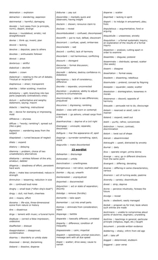 detonation :: explosion
detraction :: slandering; aspersion
detrimental :: harmful; damaging
deviate :: turn away from (a principle,
norm); depart; diverge
devious :: roundabout; erratic; not
straightforward
devise :: think up; invent; plan
devoid :: lacking
devolve :: deputize; pass to others
devotee :: enthusiastic follower
devout :: pious
dexterous :: skillful
diabolical :: devilish
diadem :: crown
dialectical :: relating to the art of debate;
*mutual or reciprocal*
diaphanous :: sheer; transparent
diatribe :: bitter scolding; invective
dichotomy :: split; branching into two
parts (especially contradictory ones)
dictum :: authoritative and weighty
statement; saying; maxim
didactic :: teaching; instructional
die :: device for stamping or impressing;
mold
diffidence :: shyness
diffuse :: *wordy; rambling*; spread out
(like a gas)
digression :: wandering away from the
subject
dilapidated :: ruined because of neglect
dilate :: expand
dilatory :: delaying
dilemma :: problem; choice of two
unsatisfactory alternatives
dilettante :: aimless follower of the arts;
amateur; dabbler
diligence :: steadiness of effort; persistent
hard work
dilute :: make less concentrated; reduce in
strength
diminution :: lessening; reduction in size
din :: continued loud noise
dinghy :: small boat (*often ship's boat*)
dingy :: dull; not fresh; cheerless
dint :: means; effort
diorama :: life-size, three-dimensional
scene from nature or history
dire :: disastrous
dirge :: lament with music; a funeral hymn
disabuse :: correct a false impression;
undeceive
disaffected :: disloyal
disapprobation :: disapproval;
condemnation
disarray :: disorderly or untidy state
disavowal :: denial; disclaiming
disband :: dissolve; disperse
disburse :: pay out
discernible :: mentally quick and
observant; having insight
disclaim :: disown; renounce claim to
disclose :: reveal
discombobulated :: confused; discomposed
discomfit :: put to rout; defeat; disconcert
disconcert :: confuse; upset; embarrass
disconsolate :: sad
discord :: conflict; lack of harmony
discordant :: not harmonious; conflicting
discount :: disregard
discourse :: formal discussion;
conversation
discredit :: defame; destroy confidence in;
disbelieve
discrepancy :: lack of consistency;
difference
discrete :: separate; unconnected
discretion :: prudence; ability to adjust
actions to circumstances
discriminating :: able to see differences;
prejudiced
discursive :: digressing; rambling
disdain :: view with scorn or contempt
disembark :: go ashore; unload cargo from
a ship
disenfranchise :: deprive of a civil right
disengage :: uncouple; separate;
disconnect
disfigure :: mar the appearance of; spoil
disgorge :: surrender something; eject;
vomit
disgruntle :: make discontented
15 wordlist
dishearten :: discourage
disheveled :: untidy
disinclination :: unwillingness
disingenuous :: not naïve; sophisticated
disinter :: dig up; unearth
disinterested :: unprejudiced
disjointed :: disconnected
disjunction :: act or state of separation;
disunity
dislodge :: remove (forcibly)
dismantle :: take apart
dismember :: cut into small parts
dismiss :: eliminate from consideration;
reject
disparage :: belittle
disparate :: basically different; unrelated
disparity :: difference; condition of
inequality
dispassionate :: calm; impartial
dispatch :: speediness; prompt execution;
message sent with all due speed
dispel :: scatter; drive away; cause to
vanish
disperse :: scatter
dispirited :: lacking in spirit
disport :: to indulge in amusement; play;
frolic
disputatious :: argumentative; fond or
arguing
disquietude :: uneasiness; anxiety
disquisition :: a formal systematic inquiry;
an explanation of the results of a formal
inquiry
dissection :: analysis; cutting apart in
order to examine
dissemble :: disguise; pretend
disseminate :: distribute; spread; scatter
(like seeds)
dissent :: disagree
dissertation :: formal essay
dissident :: dissenting; rebellious
dissimulate :: pretend; conceal by feigning
dissipate :: squander; waste; scatter
dissolution :: disintegration; looseness in
morals
dissonance :: discord; opposite of
harmony
dissuade :: persuade not to do; discourage
distant :: reserved or aloof; cold in
manner
distend :: expand; swell out
distill :: purify; refine; concentrate
distinction :: honor; contrast;
discrimination
distort :: twist out of shape
distrait :: absentminded
distraught :: upset; distracted by anxiety
diurnal :: daily
diva :: operatic singer; prima donna
diverge :: vary; go in different directions
from the same point
divergent :: differing; deviating
diverse :: differing in some characteristics;
various
diversion :: act of turning aside; pastime
diversity :: variety; dissimilitude
divest :: strip; deprive
divine :: perceive intuitively; foresee the
future
divulge :: reveal
docile :: obedient; easily managed
docket :: program as for trial; book where
such entries are made
doctrinaire :: unable to compromise about
points of doctrine; dogmatic; unyielding
doctrine :: teachings in general; particular
principle (religious, legal, etc.) taught
document :: provide written evidence
doddering :: shaky; infirm from old age
doff :: take off
dogged :: determined; stubborn
doggerel :: poor verse
 