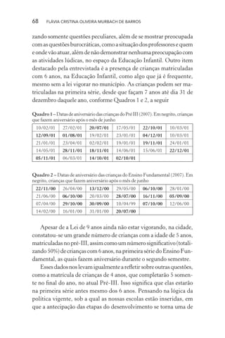 68

FLÁVIA CRISTINA OLIVEIRA MURBACH DE BARROS

zando somente questões peculiares, além de se mostrar preocupada
com as questões burocráticas, como a situação dos professores e quem
e onde vão atuar, além de não demonstrar nenhuma preocupação com
as atividades lúdicas, no espaço da Educação Infantil. Outro item
destacado pela entrevistada é a presença de crianças matriculadas
com 6 anos, na Educação Infantil, como algo que já é frequente,
mesmo sem a lei vigorar no município. As crianças podem ser matriculadas na primeira série, desde que façam 7 anos até dia 31 de
dezembro daquele ano, conforme Quadros 1 e 2, a seguir
Quadro 1 – Datas de aniversário das crianças do Pré III (2007). Em negrito, crianças
que fazem aniversário após o mês de junho
10/02/01

27/02/01

20/07/01

17/05/01

22/10/01

10/03/01

12/09/01

01/08/01

19/02/01

23/01/01

04/12/01

10/03/01

21/01/01

23/04/01

02/02/01

19/01/01

19/11/01

24/01/01

14/05/01

28/11/01

18/11/01

14/06/01

15/06/01

22/12/01

05/11/01

06/03/01

14/10/01

02/10/01

Quadro 2 – Datas de aniversário das crianças do Ensino Fundamental (2007). Em
negrito, crianças que fazem aniversário após o mês de junho
22/11/00

26/04/00

13/12/00

29/05/00

06/10/00

28/01/00

21/06/00
07/04/00

06/10/00

20/03/00

28/07/00

16/11/00

05/09/00

29/10/00

30/09/00

10/04/99

07/10/00

14/02/00

12/06/00

16/01/00

31/01/00

20/07/00

Apesar de a Lei de 9 anos ainda não estar vigorando, na cidade,
constatou-se um grande número de crianças com a idade de 5 anos,
matriculadas no pré-III, assim como um número signiﬁcativo (totalizando 50%) de crianças com 6 anos, na primeira série do Ensino Fundamental, as quais fazem aniversário durante o segundo semestre.
Esses dados nos levam igualmente a reﬂetir sobre outras questões,
como a matrícula de crianças de 4 anos, que completarão 5 somente no ﬁnal do ano, no atual Pré-III. Isso signiﬁca que elas estarão
na primeira série antes mesmo dos 6 anos. Pensando na lógica da
política vigente, sob a qual as nossas escolas estão inseridas, em
que a antecipação das etapas do desenvolvimento se torna uma de

 