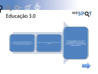 Surge com Keats & Schmidt (2007) que
mencionam a importância de preparar todos os
estudantes para a Sociedade Digital.
“digital, móvel, conectada, personalizada, criativa
e aberta”.
Os avanços tecnológicos se desenvolvem a
grande velocidade. Existe muito mais
acessibilidade, maior capacidade para a
construção de conhecimento e também novas
formas de aprender.
 