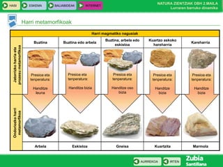 HASI

ESKEMA

BALIABIDEAK

NATURA ZIENTZIAK DBH 2.MAILA
Lurraren barruko dinamika

INTERNET

Harri metamorfikoak
Harri magmatiko nagusiak

Buztina, arbela edo
eskistoa

Kuartzo askoko
hareharria

Kareharria

Presioa eta
tenperatura:

Presioa eta
tenperatura:

Presioa eta
tenperatura:

Presioa eta
tenperatura:

Handitze
leuna

Handitze bizia

Handitze oso
bizia

Handitze
bizia

Handitze
bizia

Arbela

Eskistoa

Gneisa

Kuartzita

Marmola

Presioa eta
tenperatura:

Buztina edo arbela

Ondoriozko harri
metamorfikoa

Jatorrizko harria eta
prozesu metamorfikoa

Buztina

AURREKOA

IRTEN

 