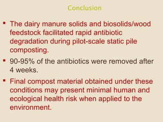 Conclusion
 The dairy manure solids and biosolids/wood
feedstock facilitated rapid antibiotic
degradation during pilot-scale static pile
composting.
 90-95% of the antibiotics were removed after
4 weeks.
 Final compost material obtained under these
conditions may present minimal human and
ecological health risk when applied to the
environment.
 