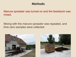 • Manure spreader was turned on and the feedstock was
mixed.
• Mixing with the manure spreader was repeated, and
time zero samples were collected.
9
Methods
 