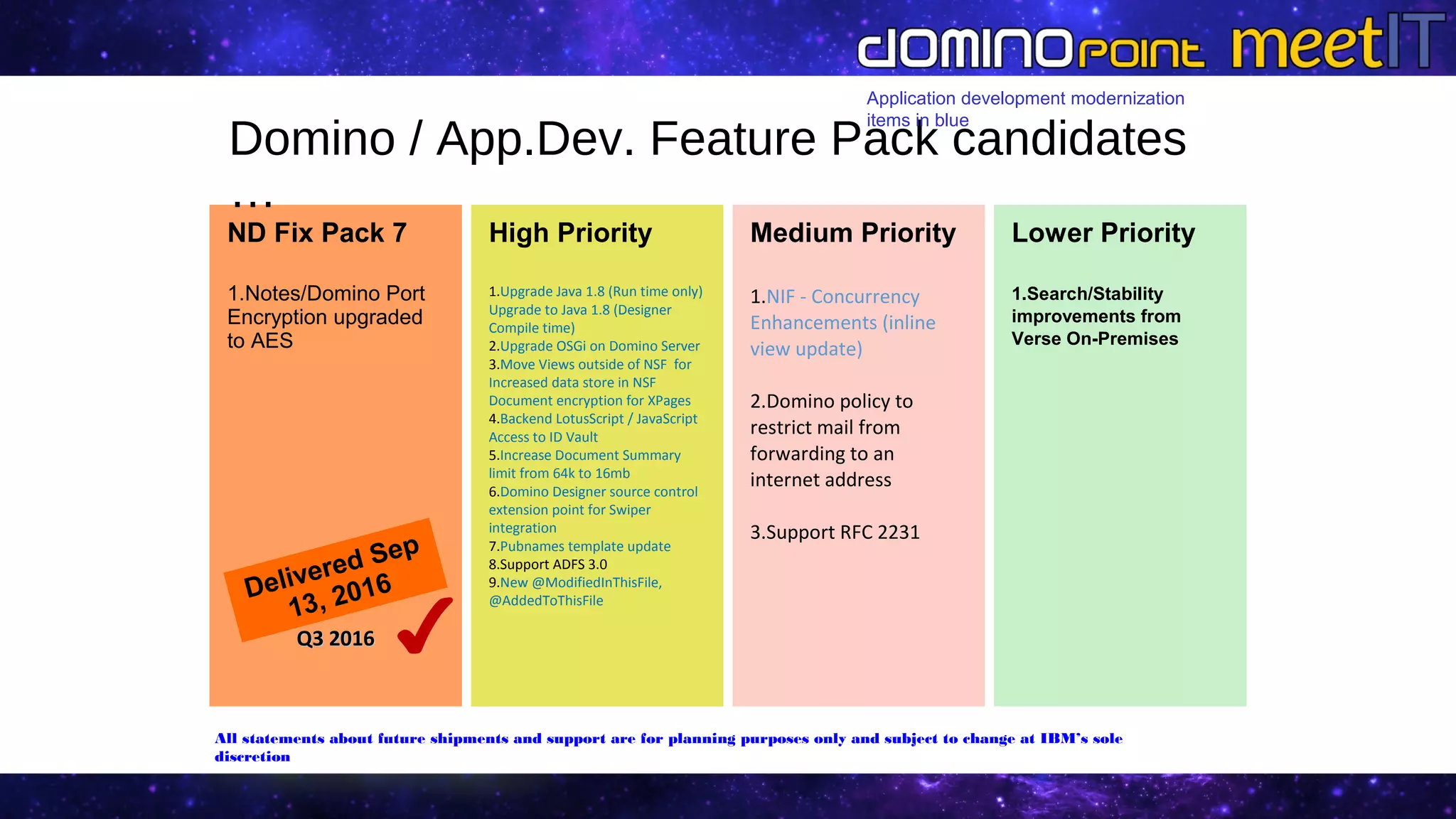 ND Fix Pack 7
1.Notes/Domino Port
Encryption upgraded
to AES
High Priority
1.Upgrade Java 1.8 (Run time only)
Upgrade to Java 1.8 (Designer
Compile time)
2.Upgrade OSGi on Domino Server
3.Move Views outside of NSF for
Increased data store in NSF
Document encryption for XPages
4.Backend LotusScript / JavaScript
Access to ID Vault
5.Increase Document Summary
limit from 64k to 16mb
6.Domino Designer source control
extension point for Swiper
integration
7.Pubnames template update
8.Support ADFS 3.0
9.New @ModifiedInThisFile,
@AddedToThisFile
Medium Priority
1.NIF - Concurrency
Enhancements (inline
view update)
2.Domino policy to
restrict mail from
forwarding to an
internet address
3.Support RFC 2231
Lower Priority
1.Search/Stability
improvements from
Verse On-Premises
Q3 2016Q3 2016
Domino / App.Dev. Feature Pack candidates
…
✔
All statements about future shipments and support are for planning purposes only and subject to change at IBM’s sole
discretion
Delivered Sep
13, 2016
Application development modernization
items in blue
 