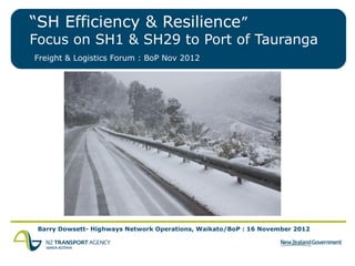 “SH Efficiency & Resilience”
Focus on SH1 & SH29 to Port of Tauranga
Freight & Logistics Forum : BoP Nov 2012




 Barry Dowsett- Highways Network Operations, Waikato/BoP : 16 November 2012
 