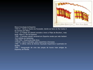 Breve Cronologia de Espanha
1700-14 – Dá-se a Guerra da Sucessão, devido ao facto do Rei Carlos II
ter morrido sem filhos.
1713 – O Tratado de Utrecht concede o trono a Filipe de Bourbon,, mais
tarde, Filipe IV, Rei de Espanha.
1768 – O primeiro estudo censorial em Espanha revela que nela habitam
10,2 milhões de habitantes.
1756-1763 – Guerra dos Sete Anos.
1779-83 – Cerco a Gibraltar, pelos espanhóis e franceses.
1780 – A última vítima da famosa Inquisição Espanhola é queimada em
Sevilha.
1785 – Inauguração de uma das praças de touros mais antigas de
Espanha, em Ronda.
 