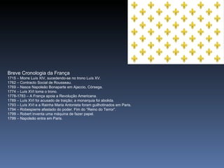 Breve Cronologia da França
1715 – Morre Luís XIV, sucedendo-se no trono Luís XV.
1762 – Contracto Social de Rousseau.
1769 – Nasce Napoleão Bonaparte em Ajaccio, Córsega.
1774 – Luís XVI toma o trono.
1778-1783 – A França apoia a Revolução Americana.
1789 – Luís XVI foi acusado de traição; a monarquia foi abolida.
1793 – Luís XVI e a Rainha Maria Antonieta foram guilhotinados em Paris.
1794 – Robespierre afastado do poder. Fim do “Reino do Terror”.
1799 – Robert inventa uma máquina de fazer papel.
1799 – Napoleão entra em Paris.
 