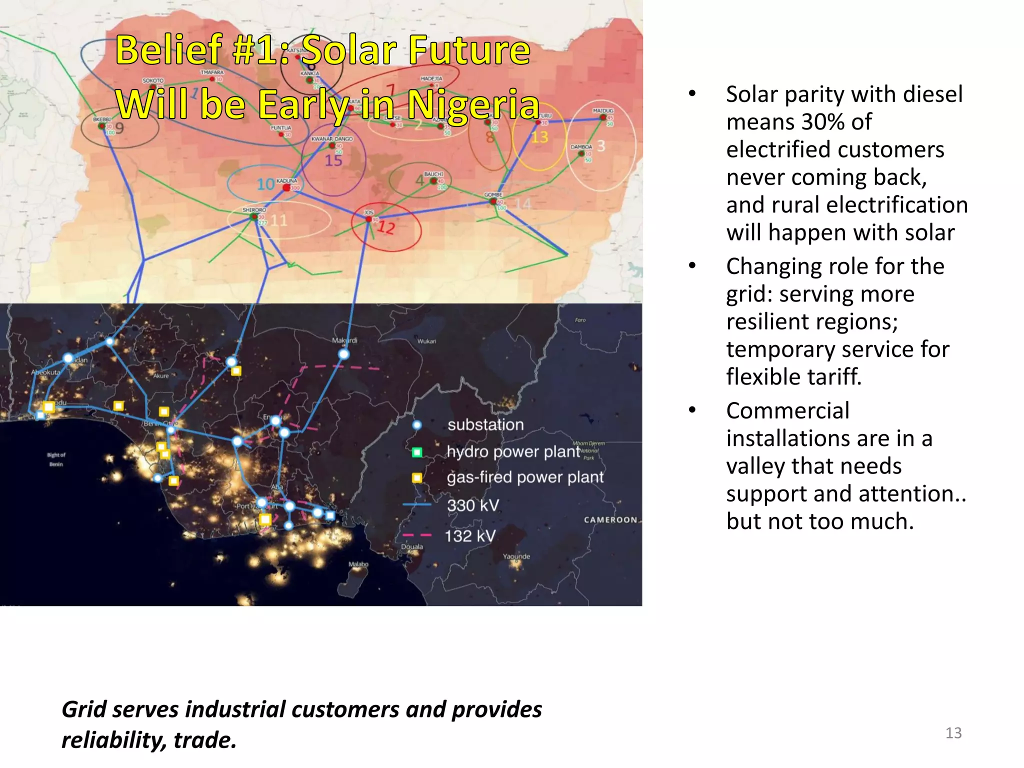 • Solar parity with diesel
means 30% of
electrified customers
never coming back,
and rural electrification
will happen with solar
• Changing role for the
grid: serving more
resilient regions;
temporary service for
flexible tariff.
• Commercial
installations are in a
valley that needs
support and attention..
but not too much.
Grid serves industrial customers and provides
reliability, trade. 13
 