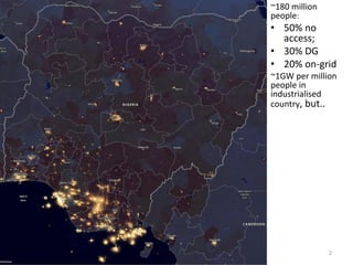 ~180 million
people:
• 50% no
access;
• 30% DG
• 20% on-grid
~1GW per million
people in
industrialised
country, but..
2
 