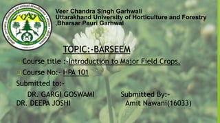 Veer Chandra Singh Garhwali
Uttarakhand University of Horticulture and Forestry
,Bharsar Pauri Garhwal
TOPIC:-BARSEEM
 Course title :-Introduction to Major Field Crops.
 Course No:- HPA 101
Submitted to:-
DR. GARGI GOSWAMI Submitted By:-
DR. DEEPA JOSHI Amit Nawani(16033)
 