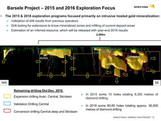 AGNICO EAGLE | BARSELE GOLD PROJECT 12
Barsele Project – 2015 and 2016 Exploration Focus
 The 2015 & 2016 exploration programs focused primarily on intrusive hosted gold mineralization:
 Validation of drill results from previous operators
 Drill testing for extensions to know mineralized zones and infilling of current deposit areas
 Estimation of an inferred resource, which will be released with year-end 2016 results
Remaining drilling Oct-Dec. 2016
Expansion drilling Avan, Central, Skiråsen
Validation Drilling Central
Conversion drilling Central deep and Skiråsen
2,600m
NW SE
Central
SkirasenAVAN
 In 2015 some 15 holes totaling 8,350 metres of
diamond drilling
 In 2016 some 80-85 holes totaling approx. 36,000
metres of diamond drilling
 