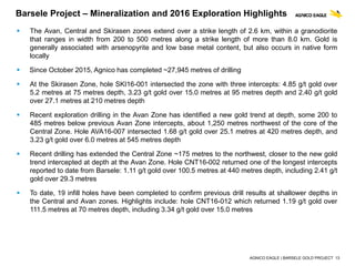 AGNICO EAGLE | BARSELE GOLD PROJECT 13
 The Avan, Central and Skirasen zones extend over a strike length of 2.6 km, within a granodiorite
that ranges in width from 200 to 500 metres along a strike length of more than 8.0 km. Gold is
generally associated with arsenopyrite and low base metal content, but also occurs in native form
locally
 Since October 2015, Agnico has completed ~27,945 metres of drilling
 At the Skirasen Zone, hole SKI16-001 intersected the zone with three intercepts: 4.85 g/t gold over
5.2 metres at 75 metres depth, 3.23 g/t gold over 15.0 metres at 95 metres depth and 2.40 g/t gold
over 27.1 metres at 210 metres depth
 Recent exploration drilling in the Avan Zone has identified a new gold trend at depth, some 200 to
485 metres below previous Avan Zone intercepts, about 1,250 metres northwest of the core of the
Central Zone. Hole AVA16-007 intersected 1.68 g/t gold over 25.1 metres at 420 metres depth, and
3.23 g/t gold over 6.0 metres at 545 metres depth
 Recent drilling has extended the Central Zone ~175 metres to the northwest, closer to the new gold
trend intercepted at depth at the Avan Zone. Hole CNT16-002 returned one of the longest intercepts
reported to date from Barsele: 1.11 g/t gold over 100.5 metres at 440 metres depth, including 2.41 g/t
gold over 29.3 metres
 To date, 19 infill holes have been completed to confirm previous drill results at shallower depths in
the Central and Avan zones. Highlights include: hole CNT16-012 which returned 1.19 g/t gold over
111.5 metres at 70 metres depth, including 3.34 g/t gold over 15.0 metres
Barsele Project – Mineralization and 2016 Exploration Highlights
 