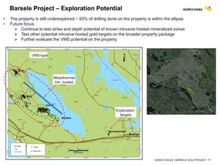 AGNICO EAGLE | BARSELE GOLD PROJECT 17
Barsele Project – Exploration Potential
 The property is still underexplored ~ 93% of drilling done on the property is within the ellipse
 Future focus:
 Continue to test strike and depth potential of known intrusive hosted mineralized zones
 Test other potential intrusive hosted gold targets on the broader property package
 Further evaluate the VMS potential on the property
VMS-type
Exploration
targets
Mesothermal
Intr. hosted
 
