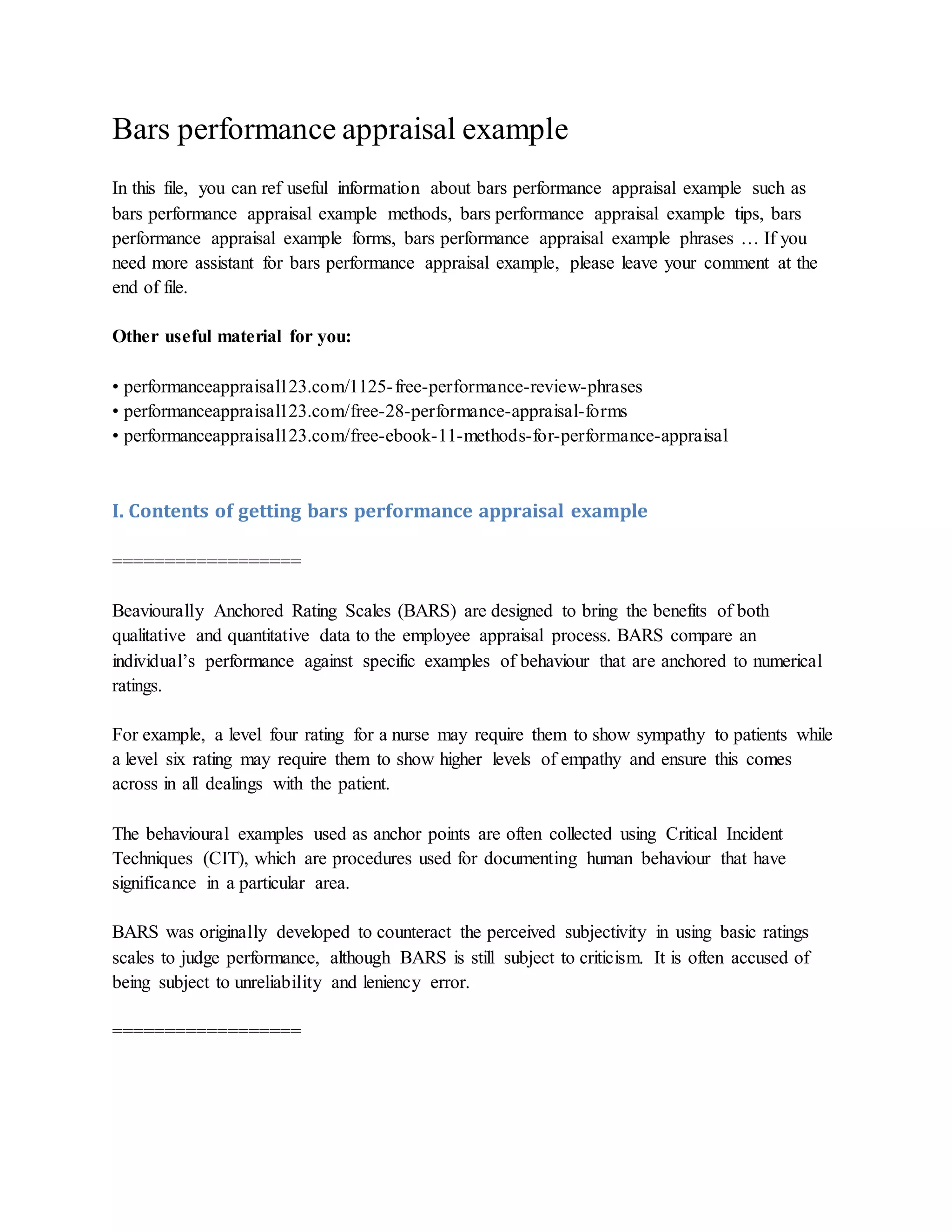 Bars performance appraisal example PDF