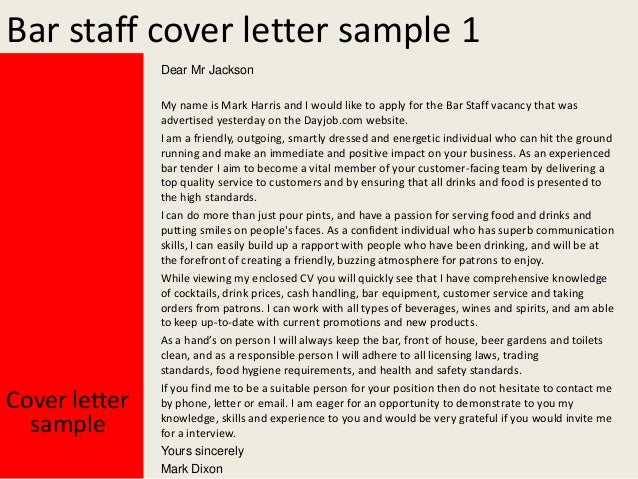 Bar staff cover letter