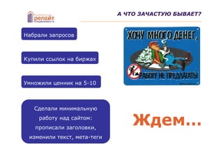 А ЧТО ЗАЧАСТУЮ БЫВАЕТ?



Набрали запросов



Купили ссылок на биржах



Умножили ценник на 5-10



   Сделали минимальную
    работу над сайтом:
   прописали заголовки,
                                 Ждем…
 изменили текст, мета-теги
 