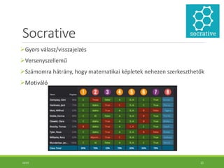 Socrative
Gyors válasz/visszajelzés
Versenyszellemű
Számomra hátrány, hogy matematikai képletek nehezen szerkeszthetők
Motiváló
10:55 11
 