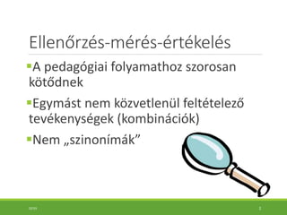 Ellenőrzés-mérés-értékelés
A pedagógiai folyamathoz szorosan
kötődnek
Egymást nem közvetlenül feltételező
tevékenységek (kombinációk)
Nem „szinonímák”
10:55 2
 
