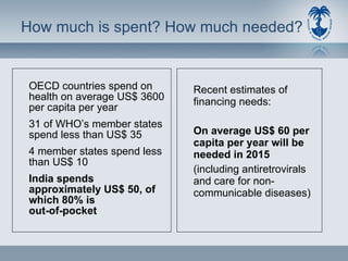 How much is spent? How much needed?  OECD countries spend on health on average US$ 3600 per capita per year 31 of WHO’s member states spend less than US$ 35 4 member states spend less than US$ 10 India spends approximately US$ 50, of which 80% is out-of-pocket   Recent estimates of financing needs: On average US$ 60 per capita per year will be needed in 2015 (including antiretrovirals and care for non-communicable diseases) 