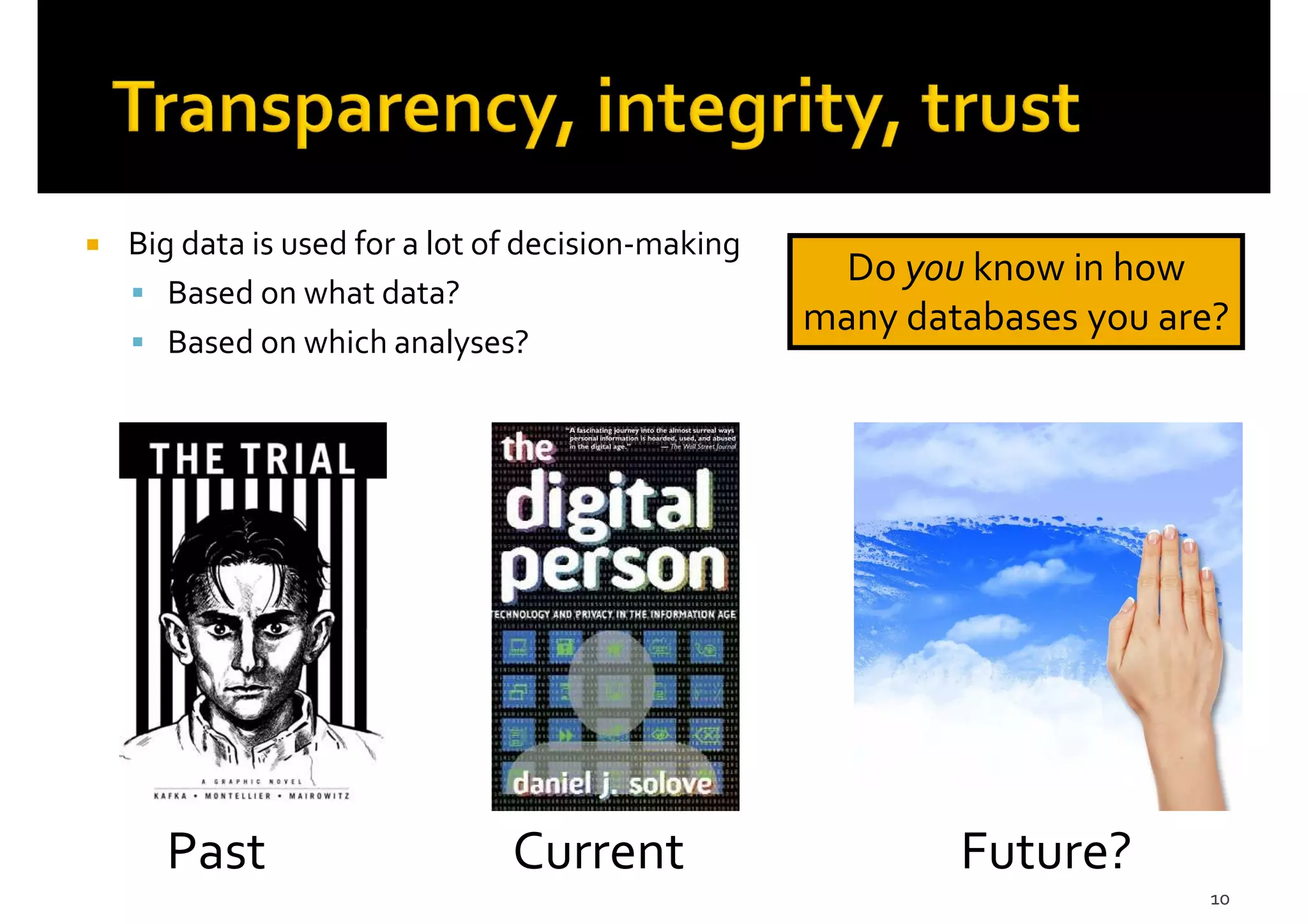 10
Past Current Future?
Big data is used for a lot of decision-making
Based on what data?
Based on which analyses?
Do you know in how
many databases you are?
 