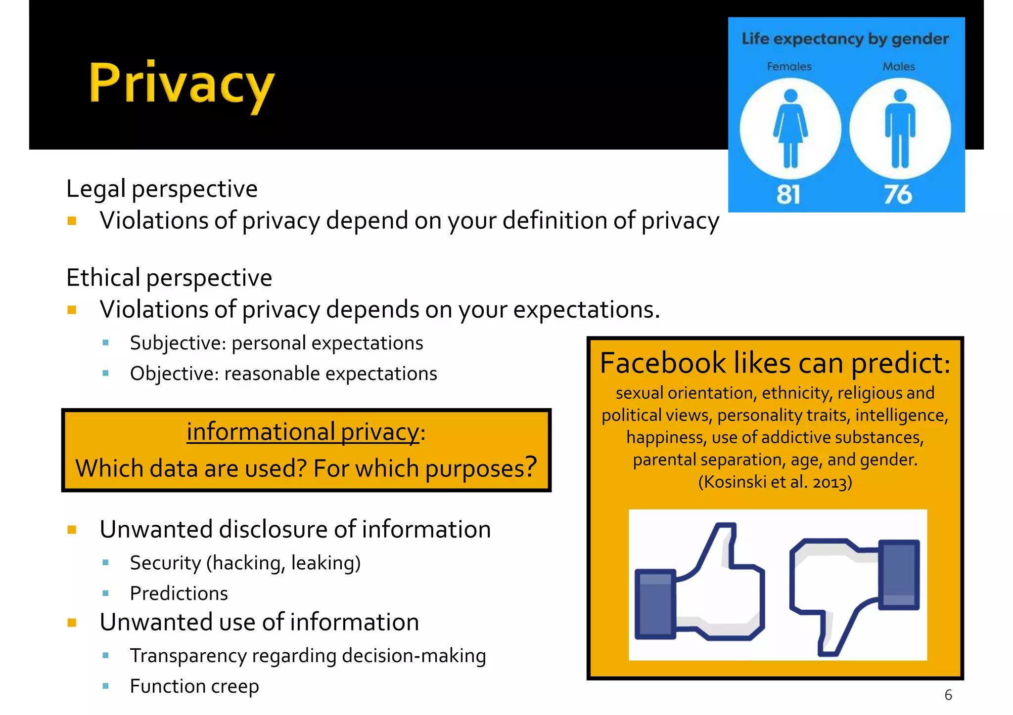 Facebook likes can predict:
sexual orientation, ethnicity, religious and
political views, personality traits, intelligence,
happiness, use of addictive substances,
parental separation, age, and gender.
(Kosinski et al. 2013)
Legal perspective
Violations of privacy depend on your definition of privacy
Ethical perspective
Violations of privacy depends on your expectations.
Subjective: personal expectations
Objective: reasonable expectations
Unwanted disclosure of information
Security (hacking, leaking)
Predictions
Unwanted use of information
Transparency regarding decision-making
Function creep 6
informational privacy:
Which data are used? For which purposes?
 