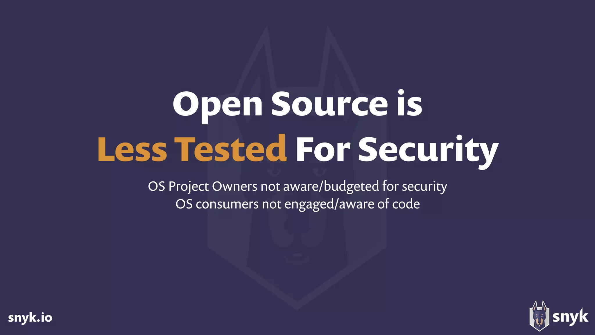 snyk.io
Open Source is  
Less Tested For Security
OS Project Owners not aware/budgeted for security
OS consumers not engaged/aware of code
 
