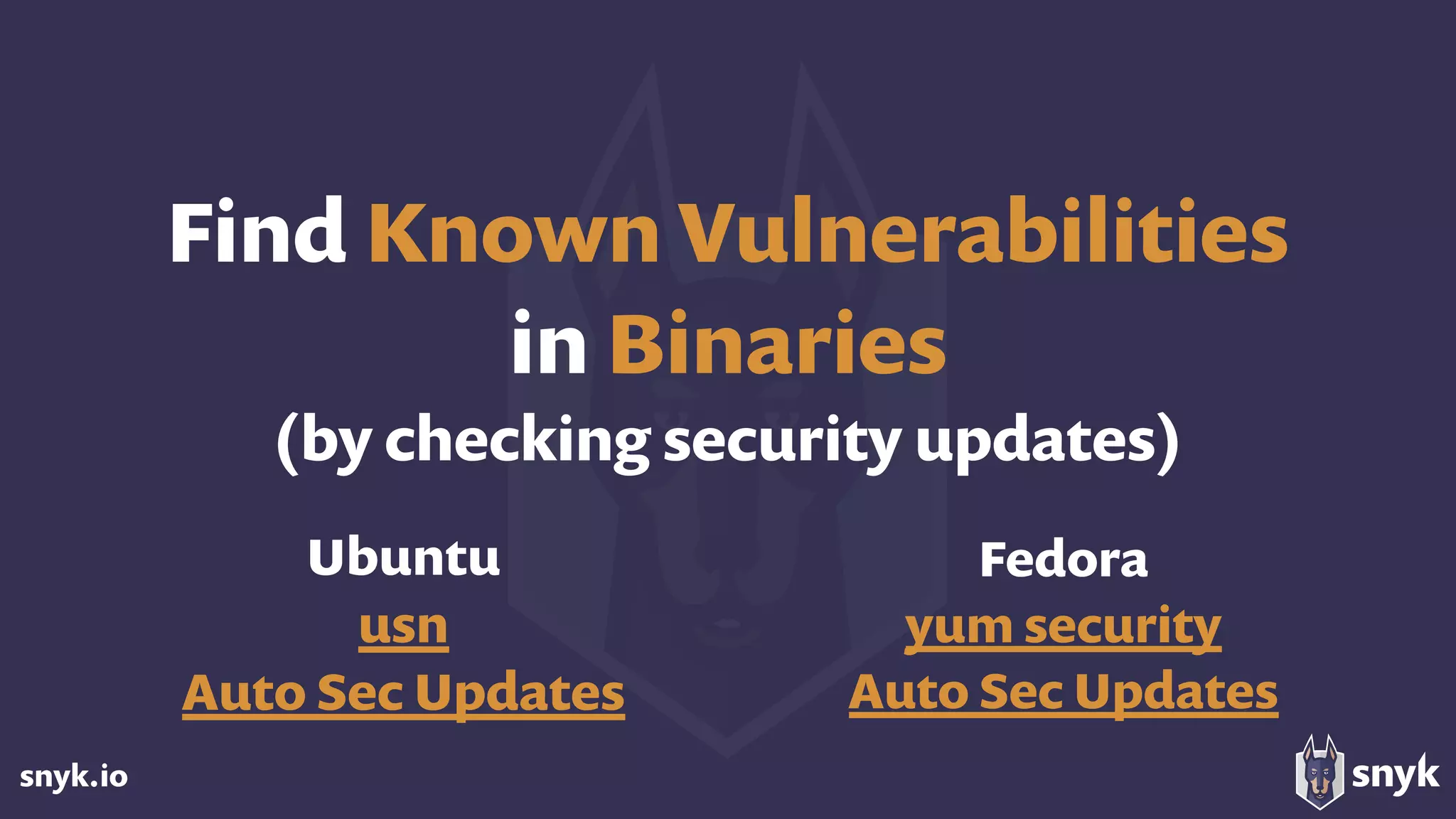 snyk.io
Find Known Vulnerabilities 
in Binaries 
(by checking security updates)
Ubuntu
usn 
Auto Sec Updates
Fedora
yum security
Auto Sec Updates
 