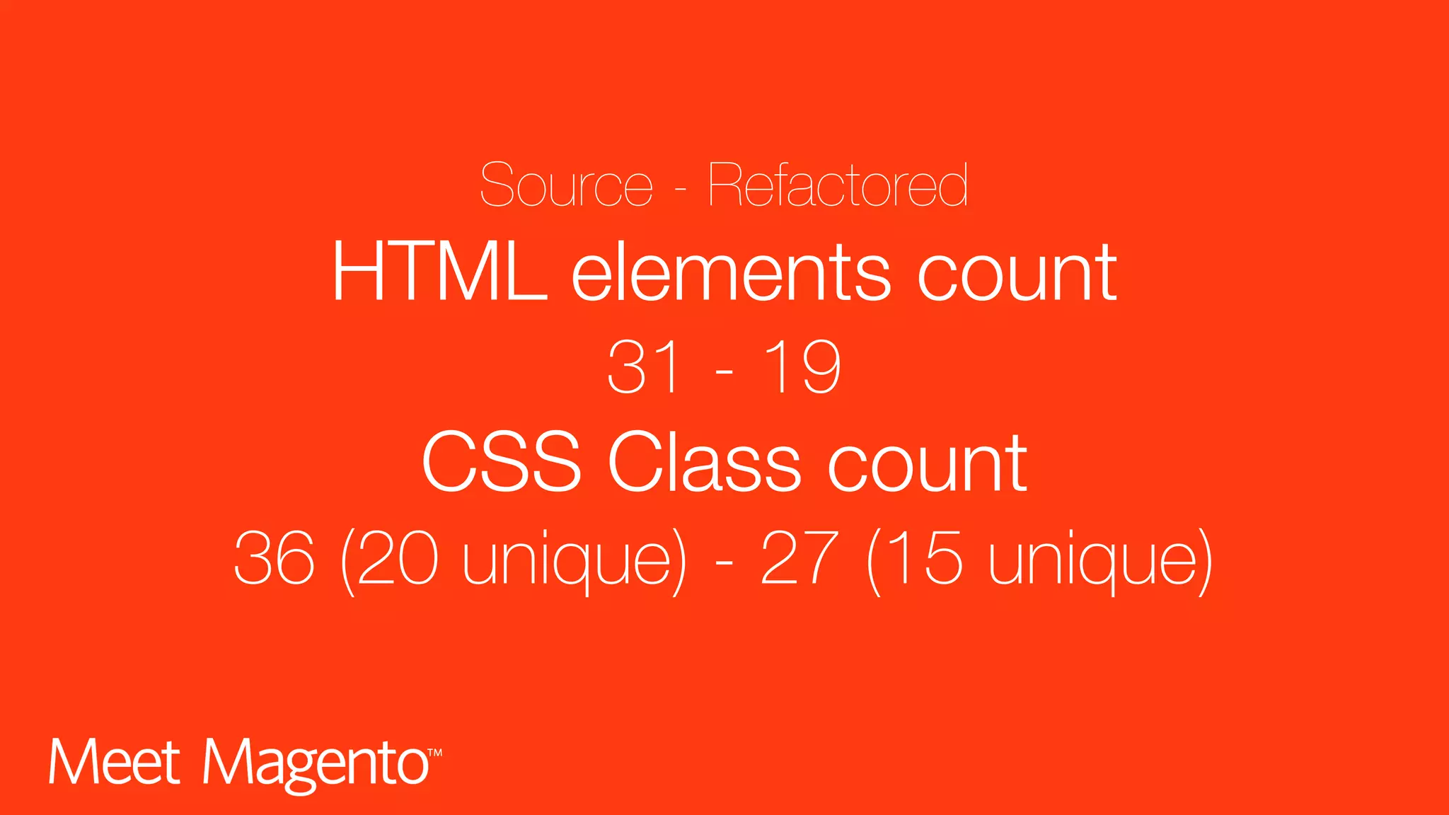 Source - Refactored HTML elements count 31 - 19 CSS Class count 36 (20 unique) - 27 (15 unique) 