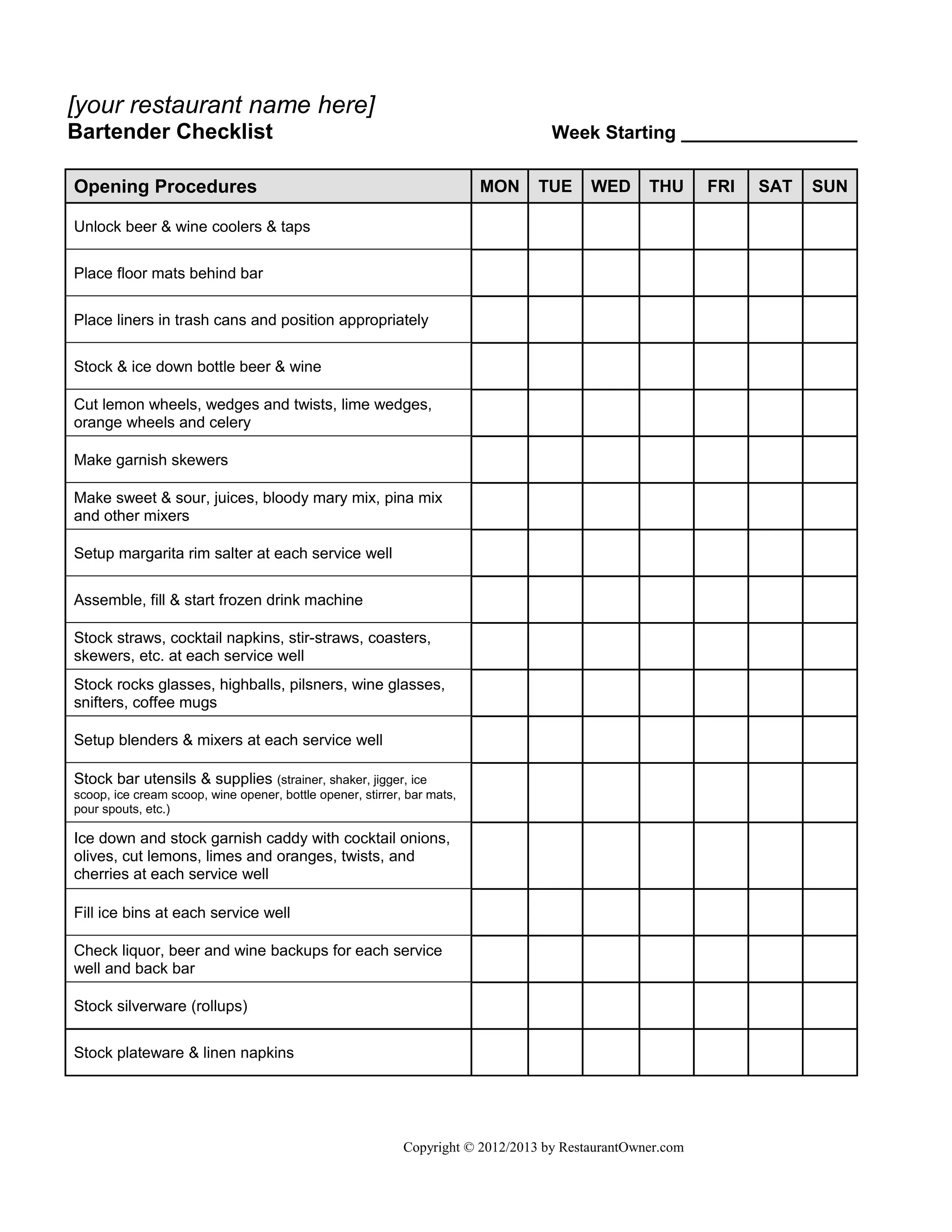 Bartender checklist | DOC