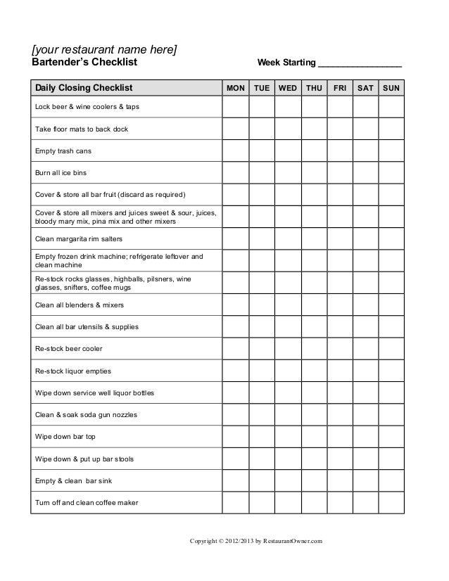 Bartender checklist