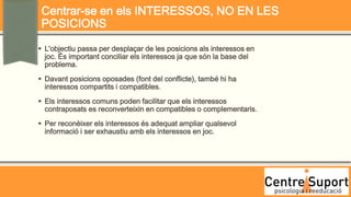 Centrar-se en els INTERESSOS, NO EN LES
 POSICIONS

 L'objectiu passa per desplaçar de les posicions als interessos en
  joc. És important conciliar els interessos ja que són la base del
  problema.
 Davant posicions oposades (font del conflicte), també hi ha
  interessos compartits i compatibles.
 Els interessos comuns poden facilitar que els interessos
  contraposats es reconverteixin en compatibles o complementaris.
 Per reconèixer els interessos és adequat ampliar qualsevol
  informació i ser exhaustiu amb els interessos en joc.
 