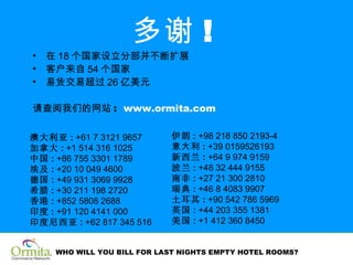 在 18 个国家设立分部并不断扩展 客户来自 54 个国家 易货交易超过 26 亿美元 请查阅我们的网站 :  www.ormita.com 多谢 ! 澳大利亚 :  +61 7 3121 9657 加拿大 :  +1 514 316 1025 中国 :  +86 755 3301 1789  埃及 :  +20 10 049 4600 德国 :  +49 931 3069 9928 希腊 :  +30 211 198 2720 香港 :  +852 5808 2688 印度 :  +91 120 4141 000 印度尼西亚 :  +62 817 345 516 伊朗 :  +98 218 850 2193-4 意大利 :  +39 0159526193 新西兰 :  +64 9 974 9159 波兰 :  +48 32 444 9155 南非 :  +27 21 300 2810 瑞典 :  +46 8 4083 9907 土耳其 :  +90 542 786 5969 英国 :  +44 203 355 1381 美国 :  +1 412 360 8450 