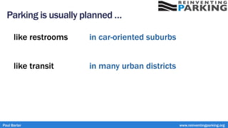 like restrooms
like transit
in car-oriented suburbs
in many urban districts
Paul Barter www.reinventingparking.org
Parking is usually planned …
 