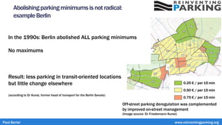 Abolishingparkingminimumsis notradical:
exampleBerlin
0.25 € / per 15 min
0.50 € / per 15 min
0.75 € / per 15 min
Off-street parking deregulation was complemented
by improved on-street management
(Image source: Dr Friedemann Kunst)
In the 1990s: Berlin abolished ALL parking minimums
No maximums
Result: less parking in transit-oriented locations
but little change elsewhere
(according to Dr Kunst, former head of transport for the Berlin Senate)
Paul Barter www.reinventingparking.org
 