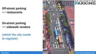 Off-street parking
~~ restaurants
On-street parking
~~ sidewalk vendors
(which the city needs
to regulate)
Paul Barter www.reinventingparking.org
 