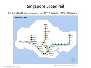 Singapore urban rail
The initial MRT system opened in 1987. This is the 1989-1996 system.

Image credit: Wikimedia Commons user Calvin Teo

Paul Barter, Reinventing Transport

 
