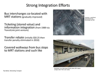 Strong Integration Efforts
Bus interchanges co-located with
MRT stations (gradually improved)

Tampines: a significant
walk between bus
interchange and MRT

Ticketing (stored value) and
information integration (from 1989 via
TransitLink joint venture)

Transfer rebate (initially S$0.25 then
transfer penalty eliminated in 2010)

Covered walkways from bus stops
to MRT stations and such like

Paul Barter, Reinventing Transport

Woodlands: bus interchange directly below MRT station
(Image credit: Flickr user xcode)

 